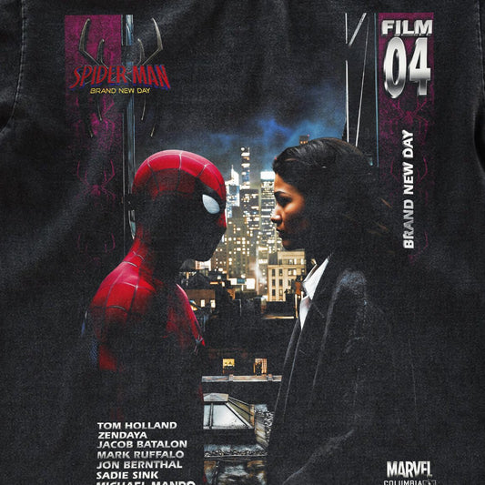 Spider - Man Brand New Day Film 04 Romance Vintage Fan Tee | Spider - Man & MJ Rooftop Graphic Shirt | Dark Washed Marvel Fan Merch - Tuli Clothing