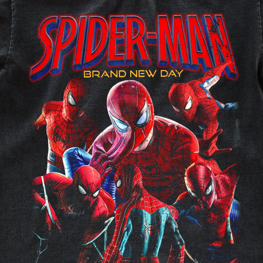 Spider-Man Brand New Day Multi-Verse Fan Tee | All Spider-Men Graphic Shirt | Dark Washed Marvel Superhero Fan Merch