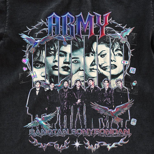 BTS Army Bangtan Sonyeondan Gothic Vintage Fan Tee | Dark Chrome ARMY Graphic Shirt | Dark Washed Kpop Merch