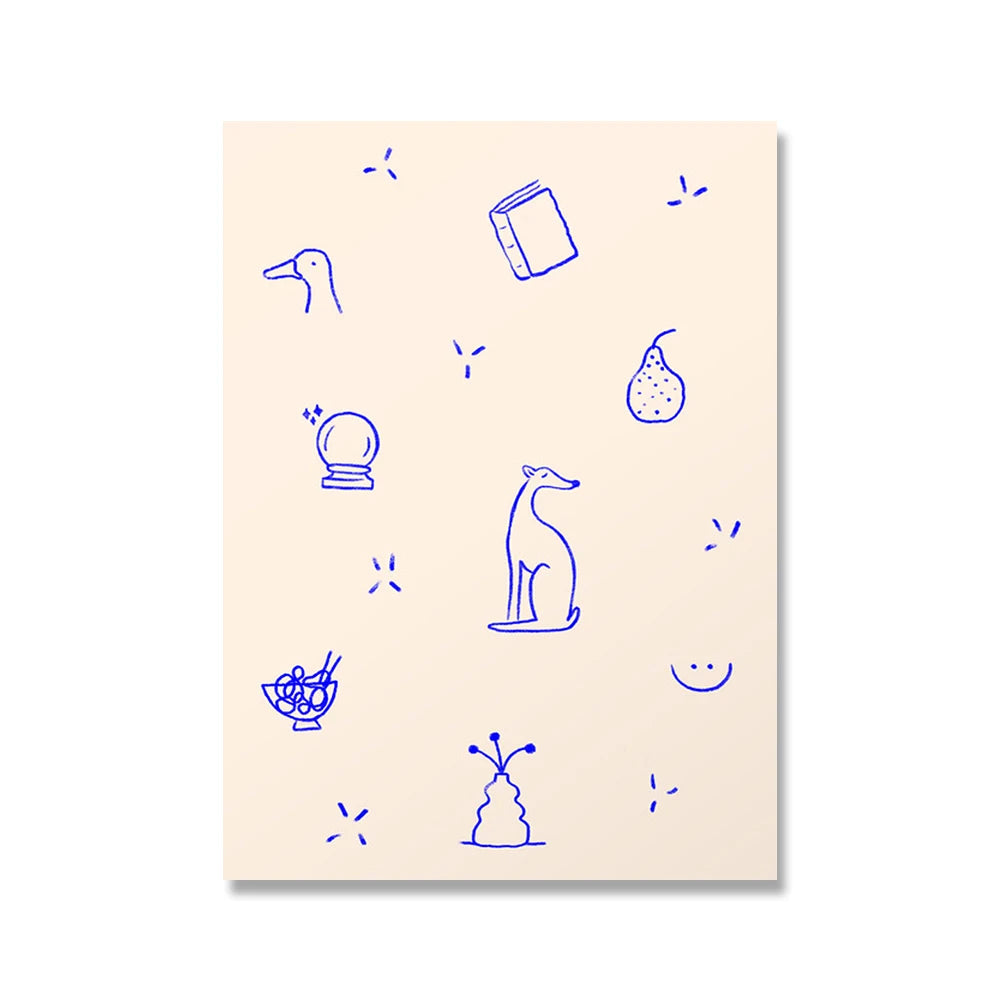 Cute Blue Line Dog Poster Abstract Pet Wall Picture Animals Canvas Painting Minimalist Art Print Modern Nursery Bedroom Decor