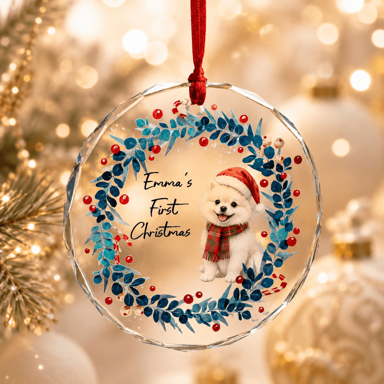 Personalized Pet First Christmas Ornament – Custom Dog Cat Glass Ornament with Name Gift