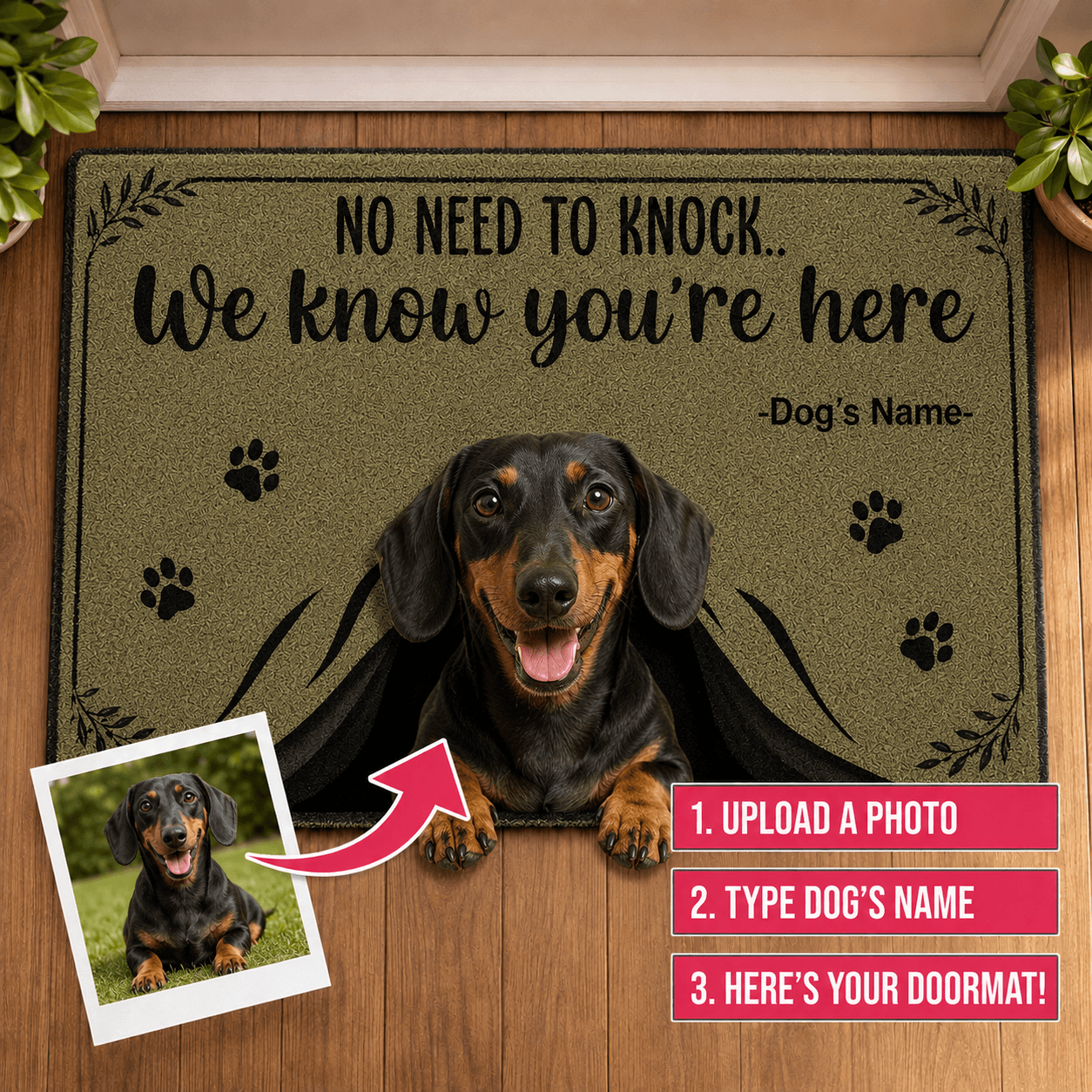 Custom Dog Doormat from Photo โ Personalized "No Need to Knock" Funny Pet Welcome Mat