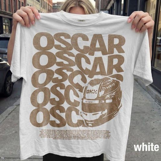 Oscar Piastri F1 Typography Repeat Vintage Tee | Formula 1 Driver McLaren Fan Shirt | Comfort Colors Pepper - Tuli Clothing