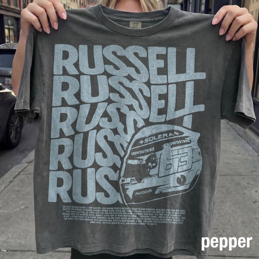 Russell F1 Typography Repeat Vintage Tee | Formula 1 Driver #63 Fan Shirt | Comfort Colors Black Racing Tee