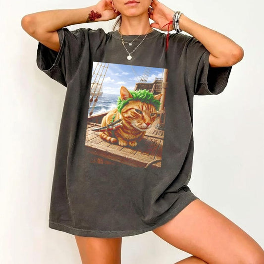 Samurai Cat Vintage Graphic Tee | Pirate Ship Sword Cat Art | Anime Inspired Dark Washed Unisex Shirt