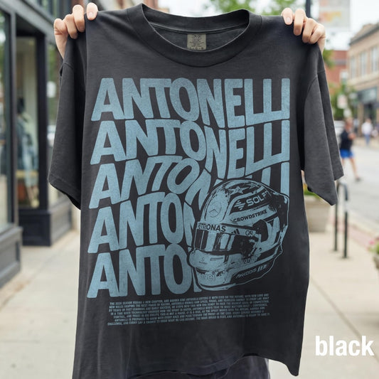 Antonelli F1 Typography Repeat Vintage Tee | Formula 1 Driver Mercedes Rookie Fan Shirt | Comfort Colors Black