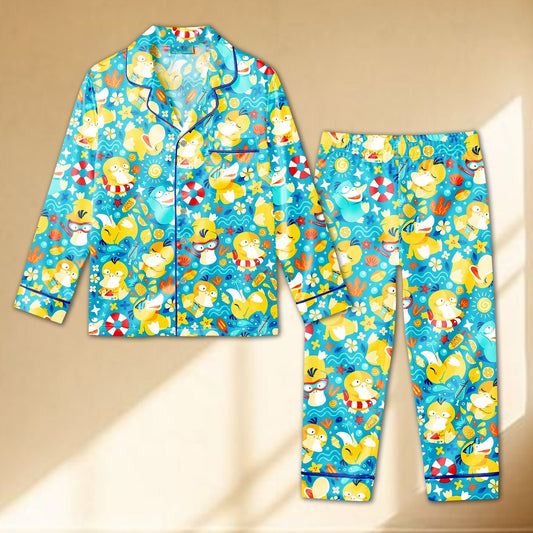 Psyduck Pokemon Beach Pajama Set | Cute Summer Pokemon All - Over Print Sleepwear | Pokemon Fan Gift PJ Set - Tuli Clothing