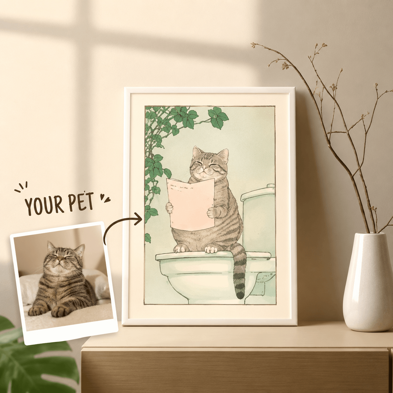 Custom Pet Bathroom Art from Photo – Personalized Funny Dog Cat Toilet Portrait, Bathroom Decor