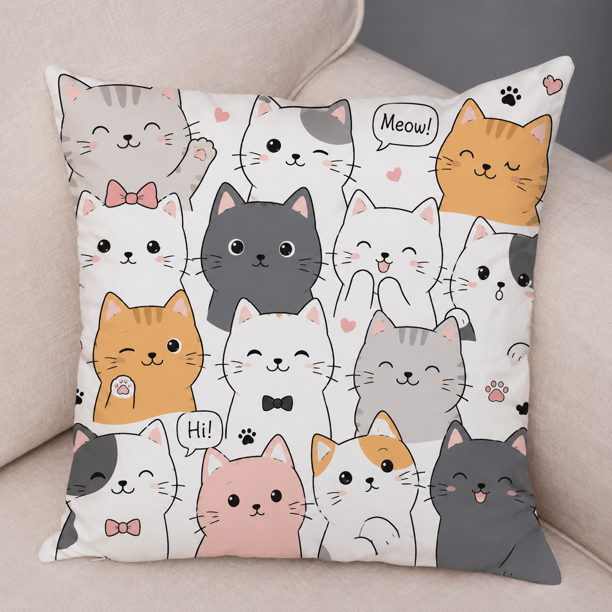 Cute Cartoon Cat Pillow Cover – Kawaii Cat Throw Cushion Case for Sofa, Cat Lover Home Decor