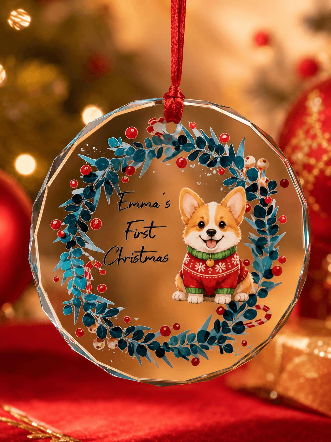 Personalized Pet First Christmas Ornament – Custom Dog Cat Glass Ornament with Name Gift