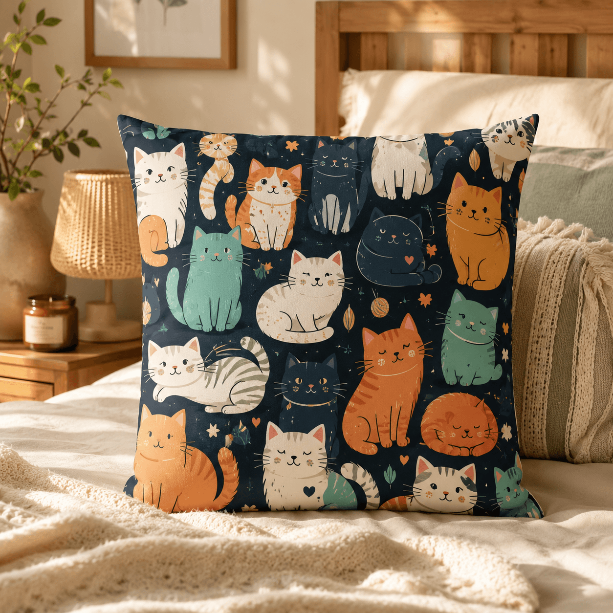 Cute Cartoon Cat Pillow Cover – Kawaii Cat Throw Cushion Case for Sofa, Cat Lover Home Decor