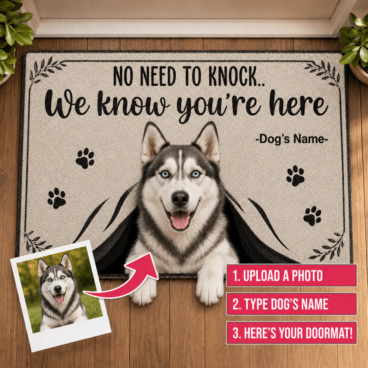 Custom Dog Doormat from Photo – Personalized "No Need to Knock" Funny Pet Welcome Mat