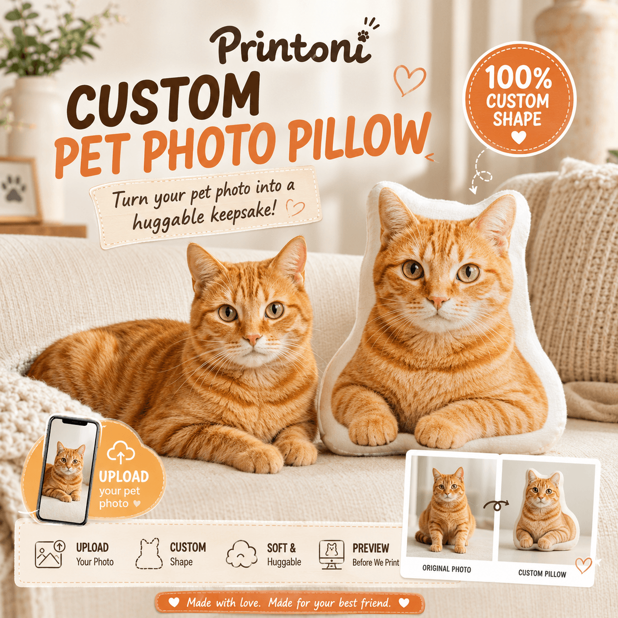 Custom Pet Photo Pillow – Turn Your Dog Cat Photo into a Huggable Keepsake Gift