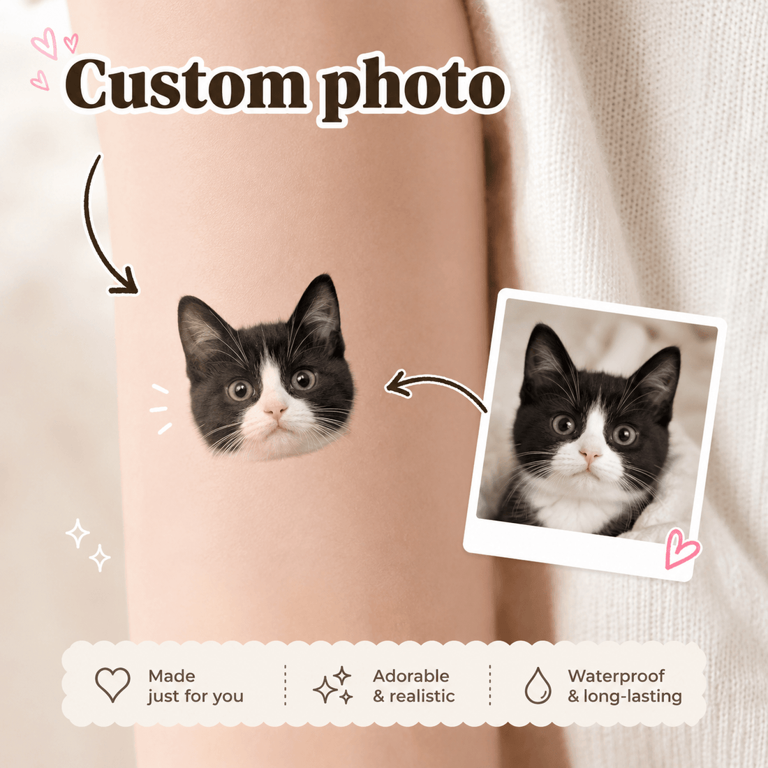 Custom Pet Temporary Tattoo from Photo – Personalized Dog Cat Portrait Tattoo Gift