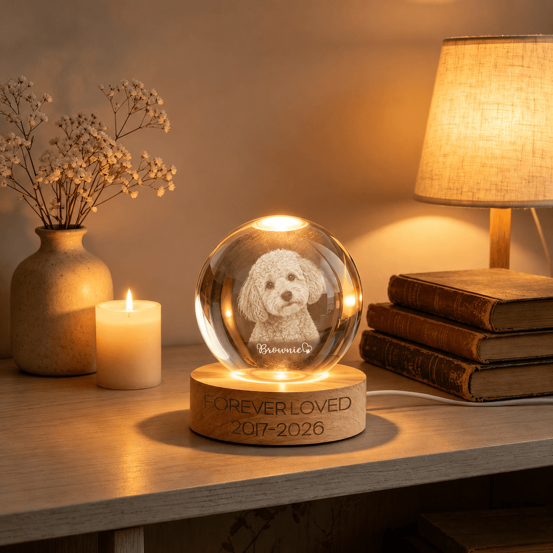 Custom Pet Memorial Crystal Ball Night Light from Photo – Personalized Dog Portrait Loss Gift - Printoni