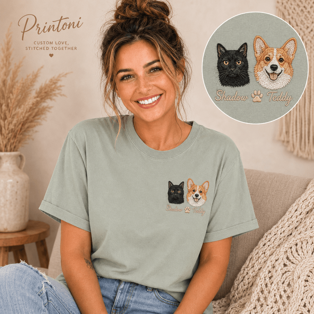 Custom Embroidered Pet Portrait Shirt from Photo, Personalized Dog Cat Face Tee with Name, Dog Mom Gift, Comfort Colors