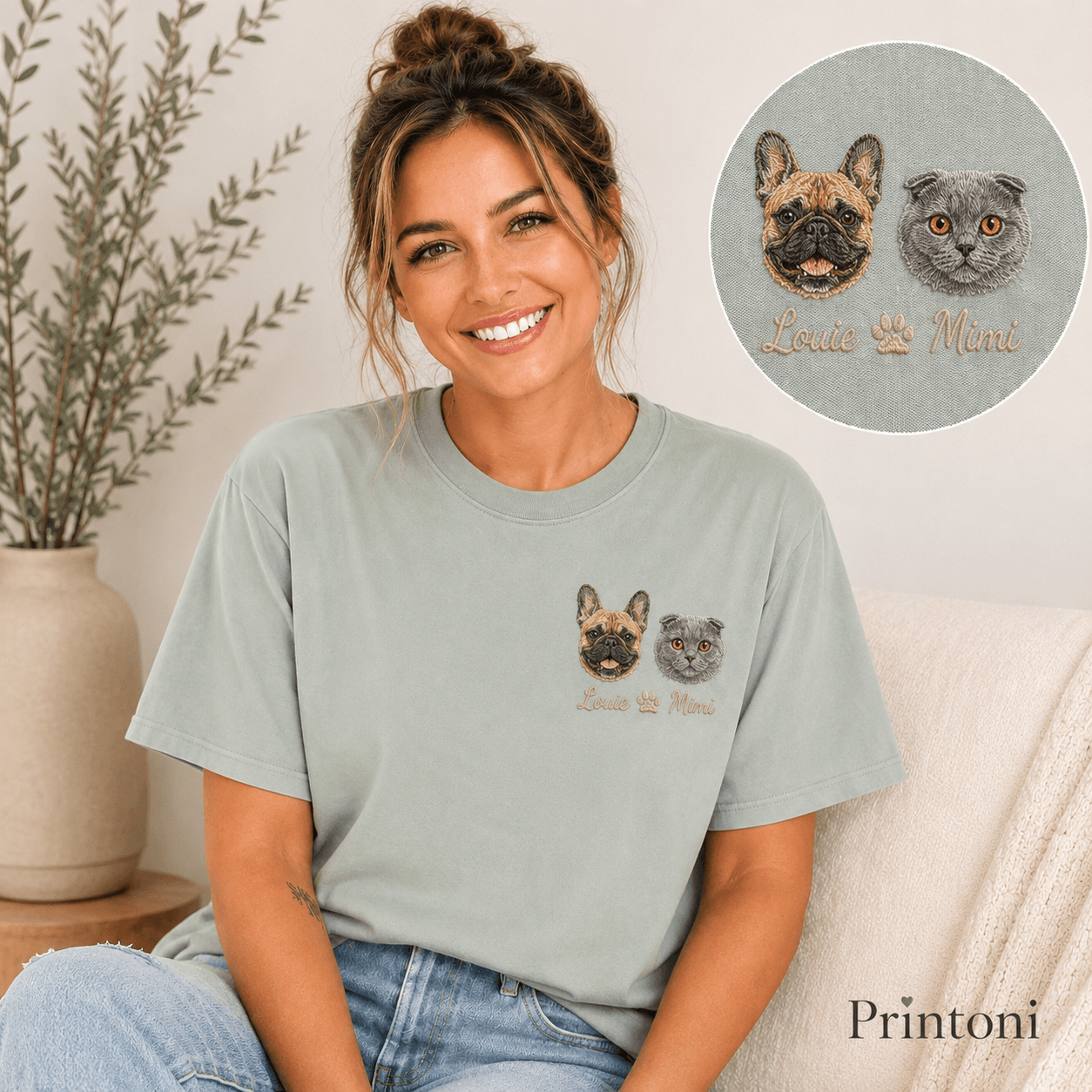Custom Embroidered Pet Portrait Shirt from Photo, Personalized Dog Cat Face Tee with Name, Dog Mom Gift, Comfort Colors