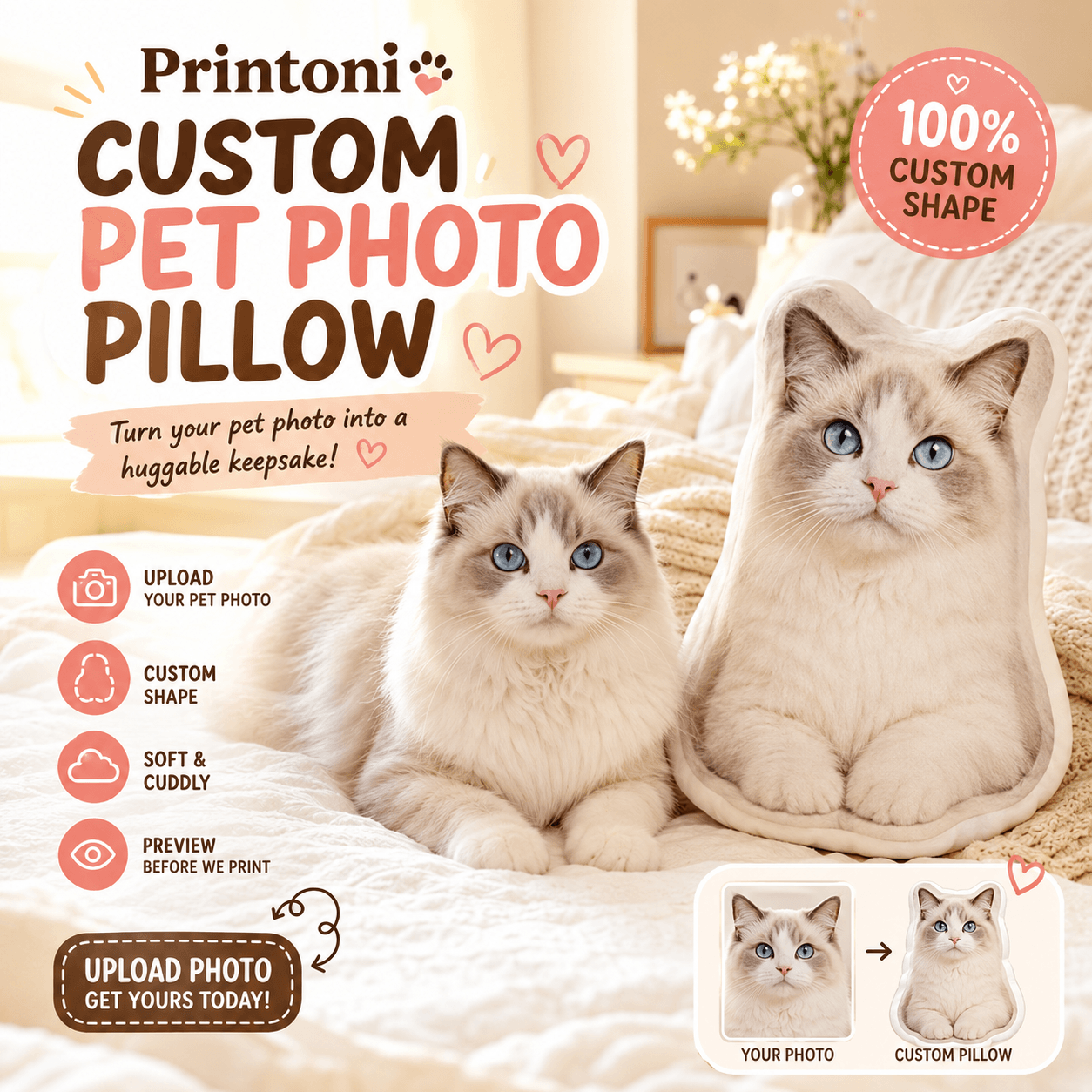 Custom Pet Photo Pillow – Turn Your Dog Cat Photo into a Huggable Keepsake Gift