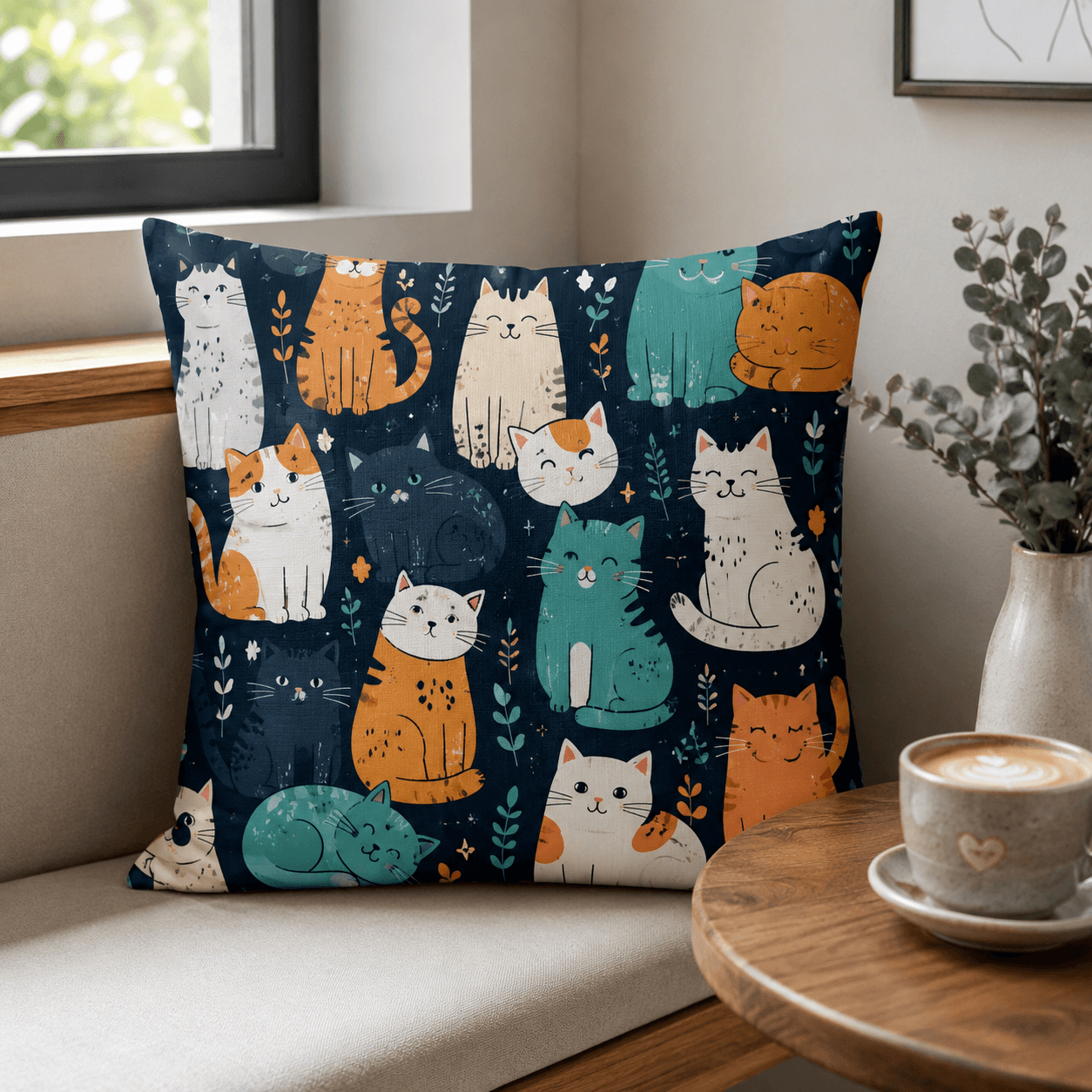 Cute Cartoon Cat Pillow Cover – Kawaii Cat Throw Cushion Case for Sofa, Cat Lover Home Decor
