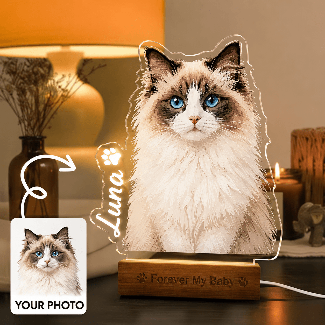 Custom Pet Night Light from Photo – Personalized Dog Cat Acrylic Lamp with Name, Pet Gift