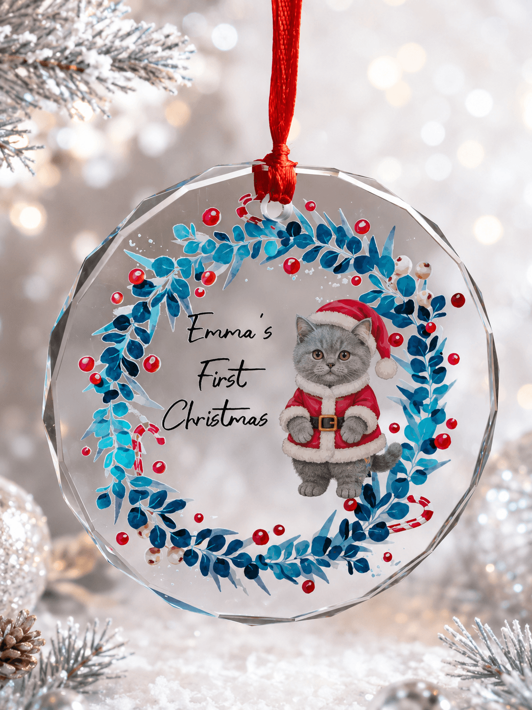 Personalized Pet First Christmas Ornament – Custom Dog Cat Glass Ornament with Name Gift