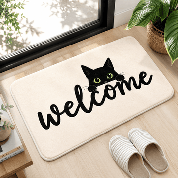 Black Cat Welcome Doormat – Cute Minimalist Cat Door Mat, Modern Cat Lover Gift Decor