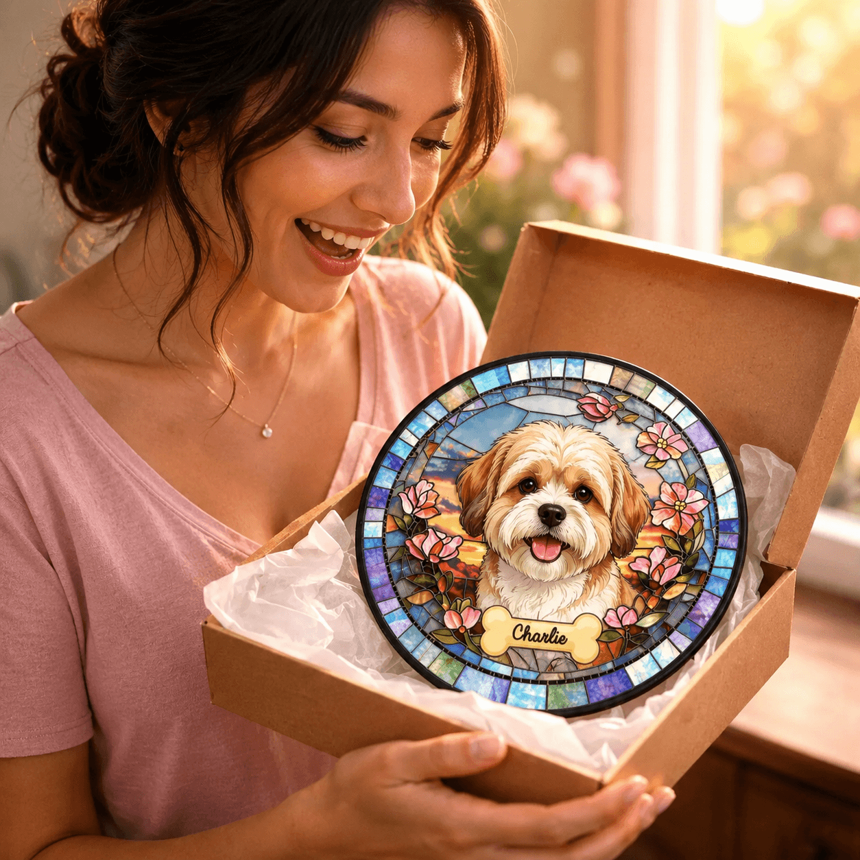 Custom Dog Stained Glass Suncatcher from Photo – Personalized Pet Memorial Window Decor - Printoni