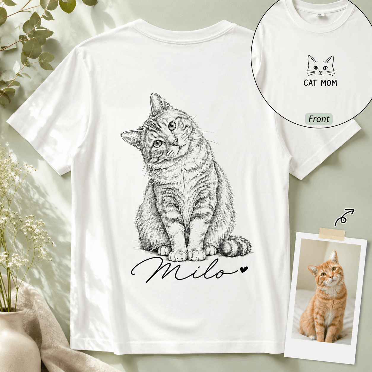 Custom Pet Portrait Shirt from Photo, Personalized Pencil Sketch Dog Cat Tee, Cat Mom Dog Dad Shirt with Name, Pet Lover Gift