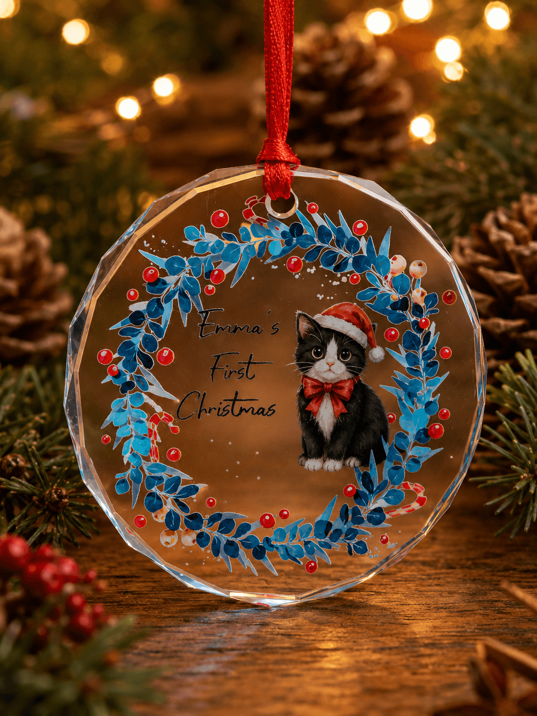 Personalized Pet First Christmas Ornament – Custom Dog Cat Glass Ornament with Name Gift