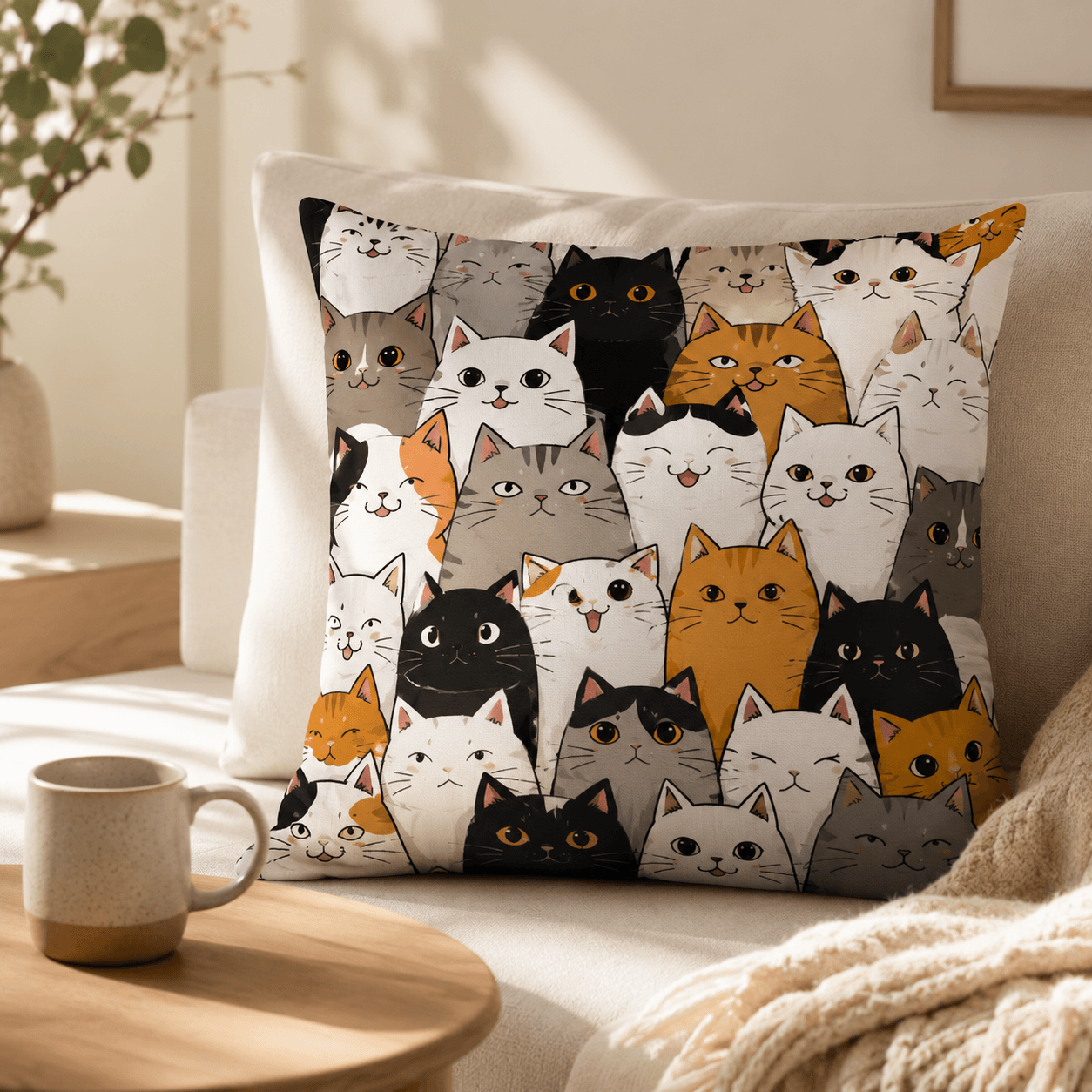 Cute Cartoon Cat Pillow Cover – Kawaii Cat Throw Cushion Case for Sofa, Cat Lover Home Decor