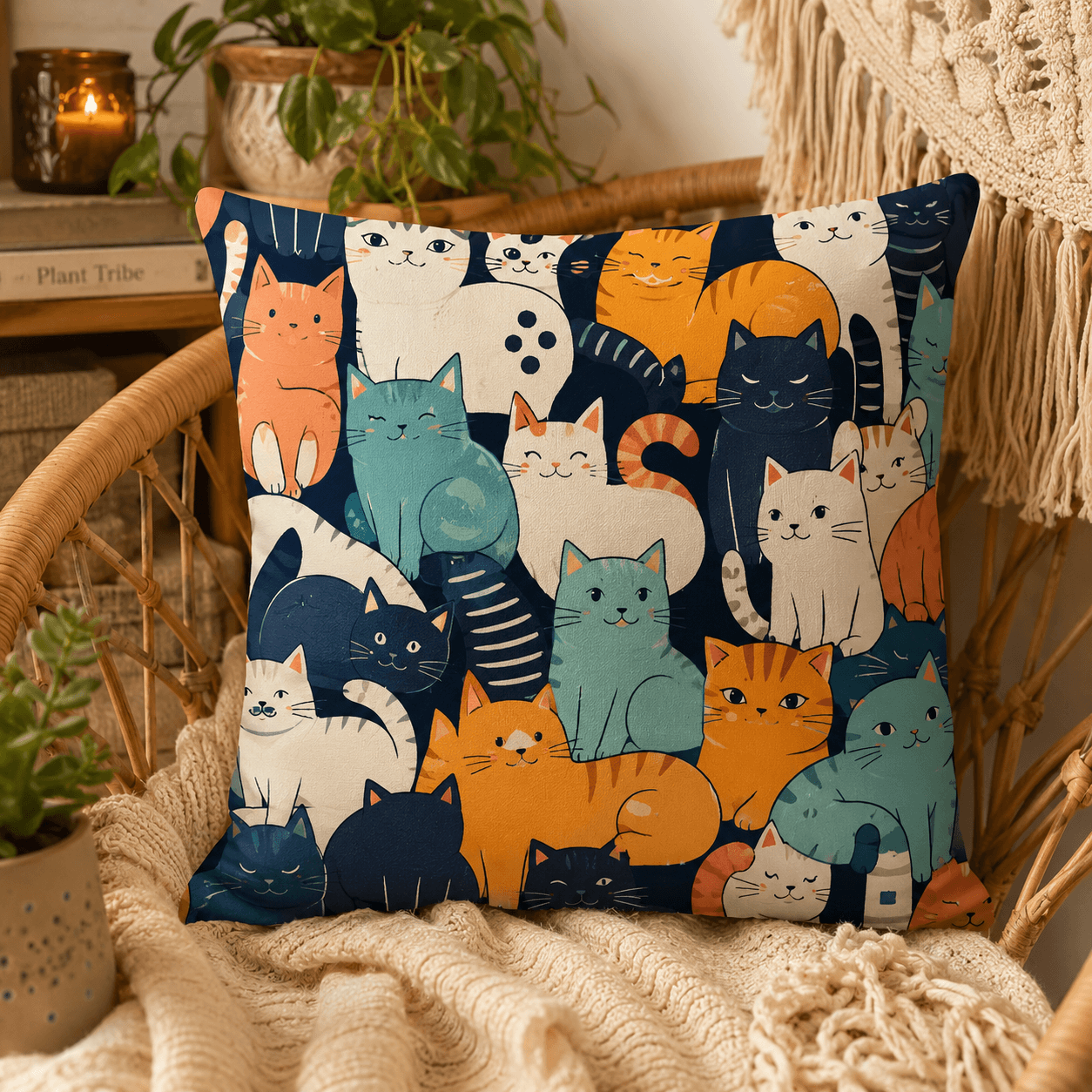 Cute Cartoon Cat Pillow Cover – Kawaii Cat Throw Cushion Case for Sofa, Cat Lover Home Decor