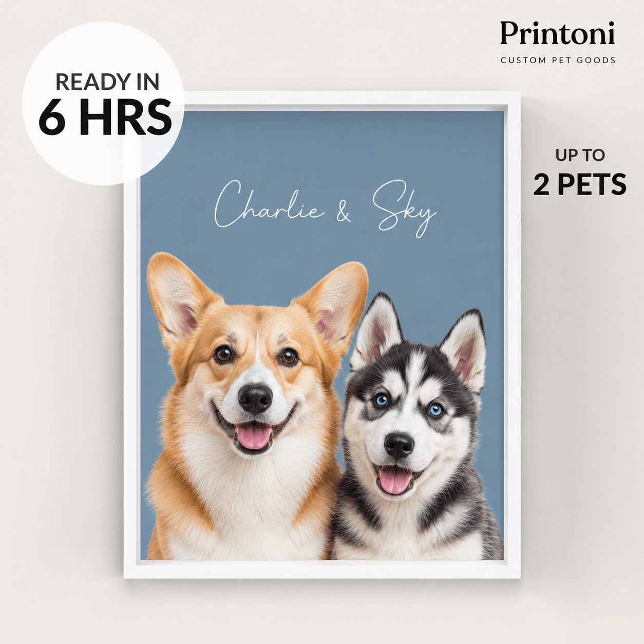 Custom Pet Portrait from Photo, Personalized Multiple Dog & Cat Portrait with Name, Modern Framed Pet Wall Art, Pet Lover Gift