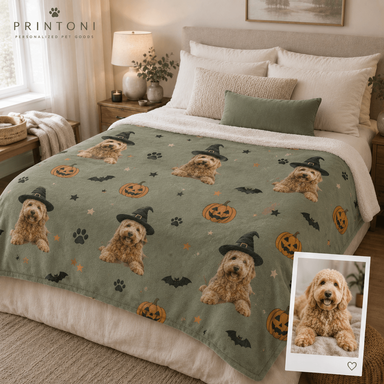 Custom Halloween Pet Blanket from Photo, Personalized Dog Cat Face & Name Throw, Spooky Pet Costume Blanket, Pet Lover Gift