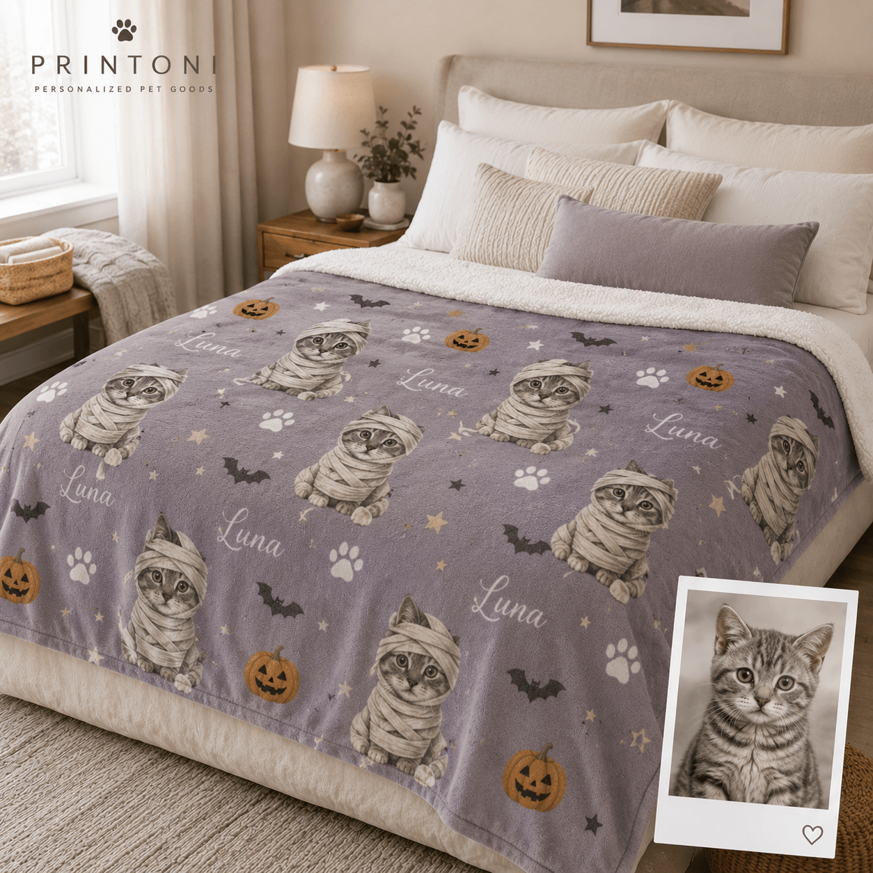 Custom Halloween Pet Blanket from Photo, Personalized Dog Cat Face & Name Throw, Spooky Pet Costume Blanket, Pet Lover Gift
