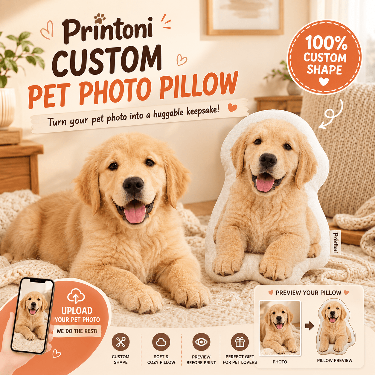 Custom Pet Photo Pillow – Turn Your Dog Cat Photo into a Huggable Keepsake Gift