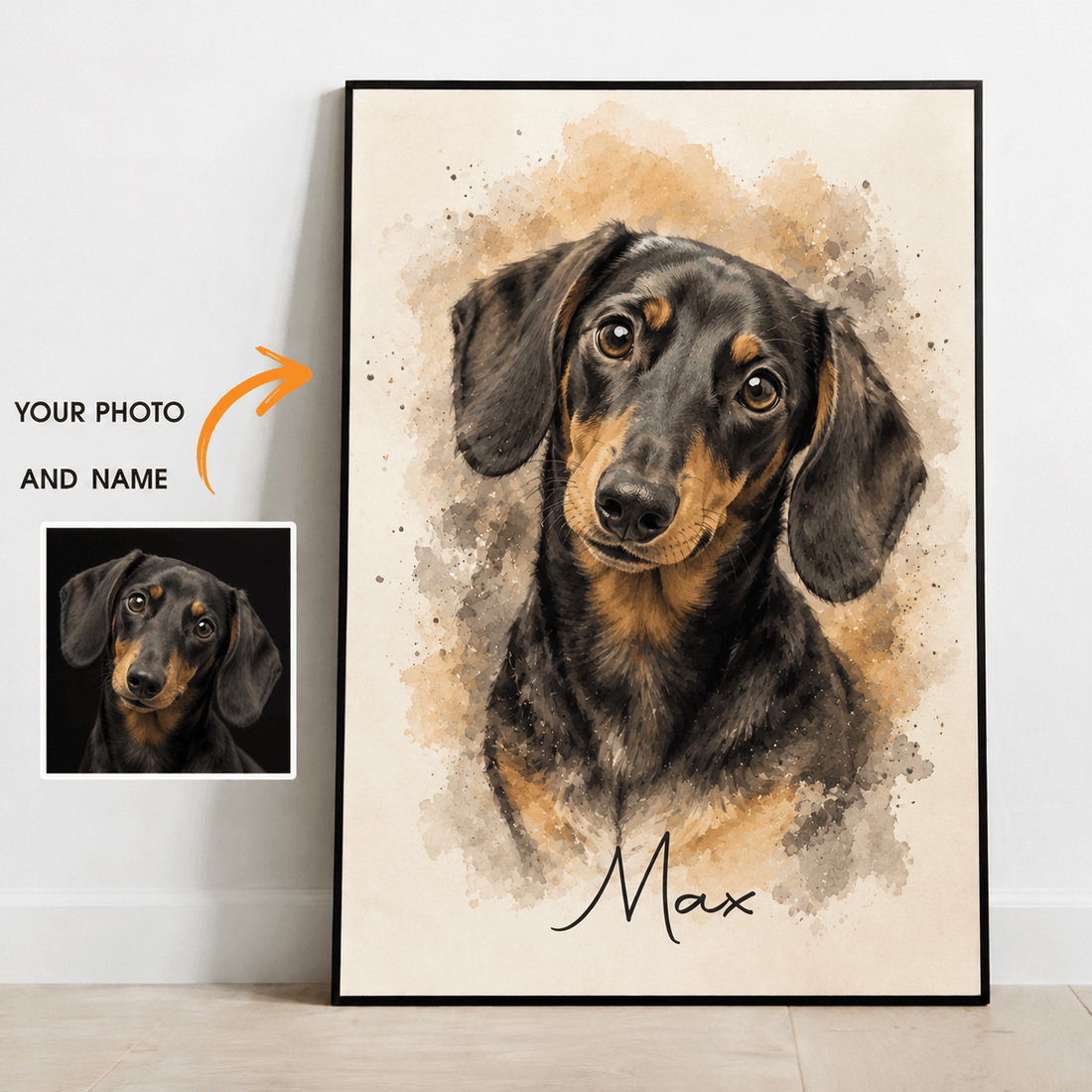 Custom Watercolor Pet Portrait from Photo – Personalized Dog Cat Canvas with Name, Pet Gift