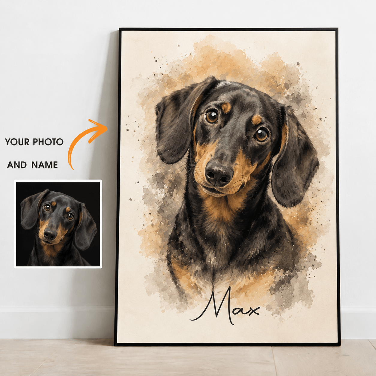 Custom Watercolor Pet Portrait from Photo – Personalized Dog Cat Canvas with Name, Pet Gift