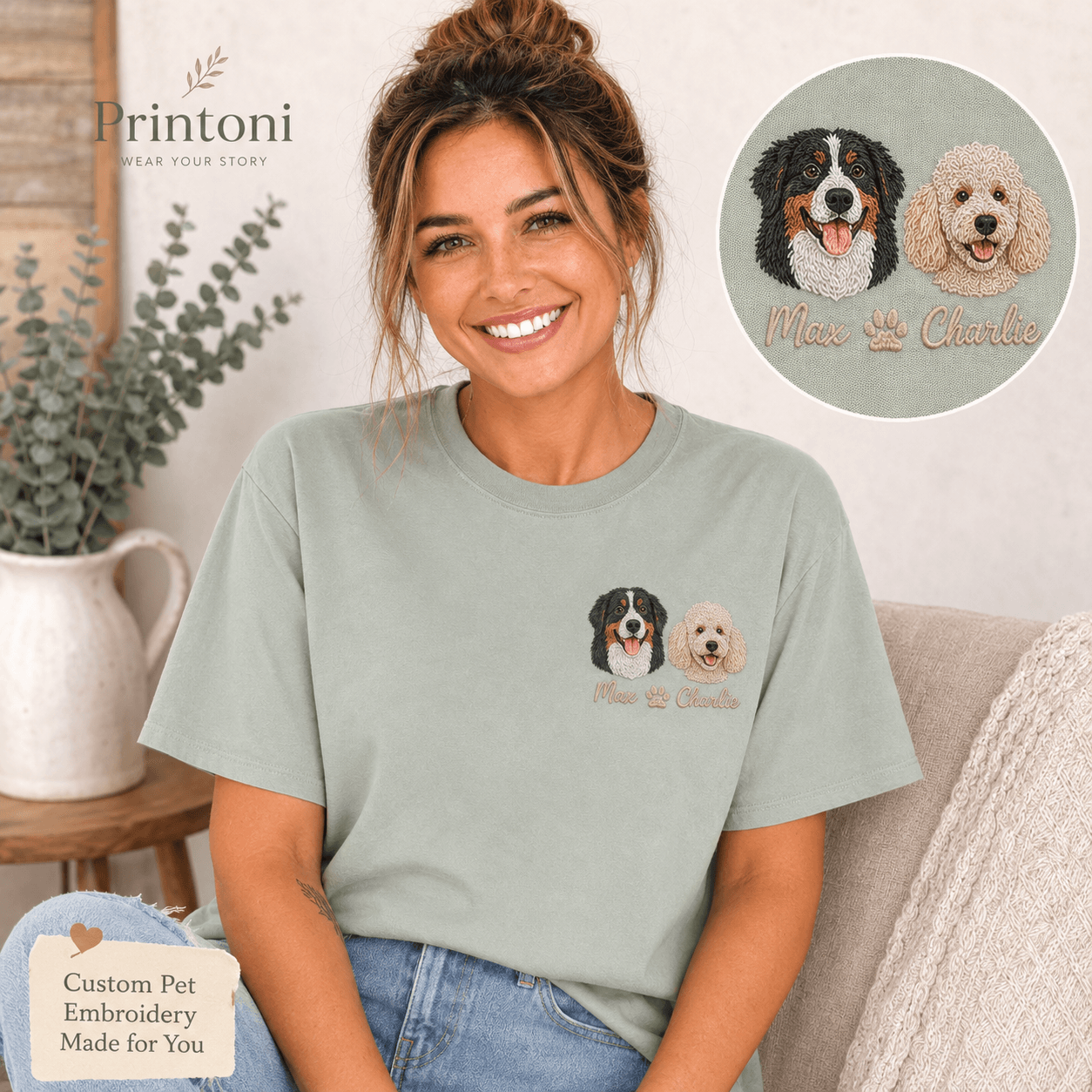 Custom Embroidered Pet Portrait Shirt from Photo, Personalized Dog Cat Face Tee with Name, Dog Mom Gift, Comfort Colors