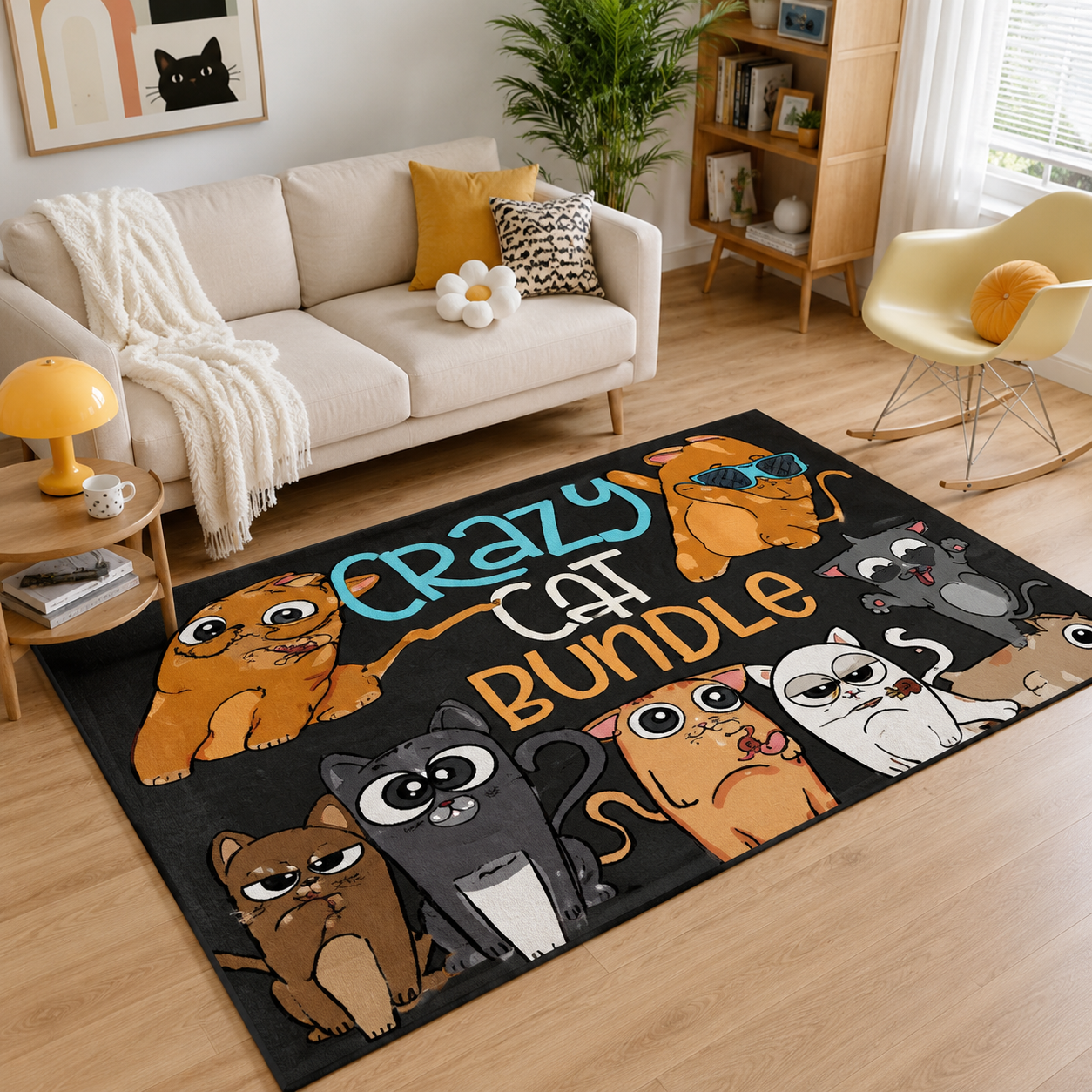 Cute Cartoon Cat Area Rug – Funny Cat Living Room Bedroom Floor Mat, Cat Lover Home Decor