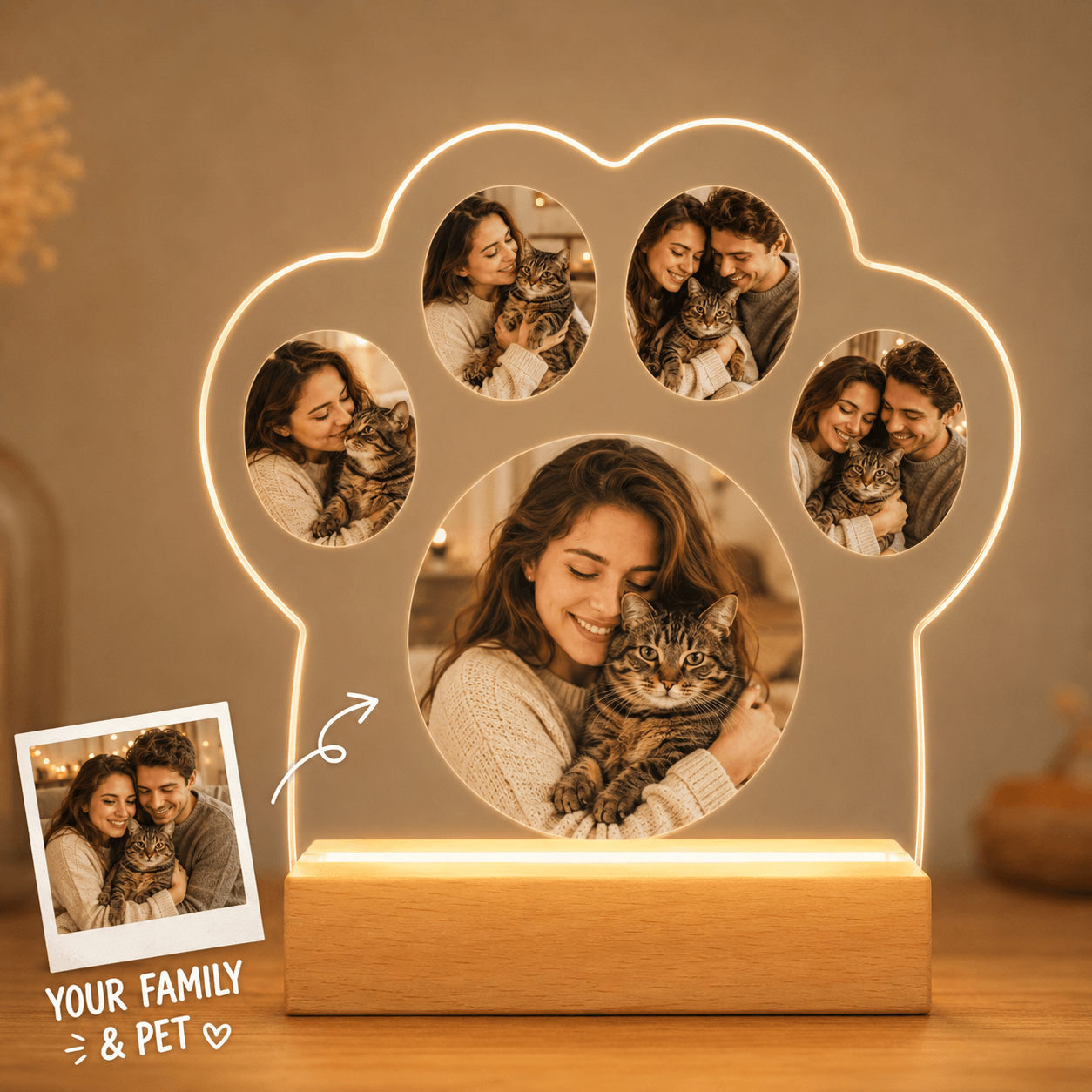 Custom Paw Photo Collage Night Light – Personalized Family & Pet Acrylic LED Lamp Gift