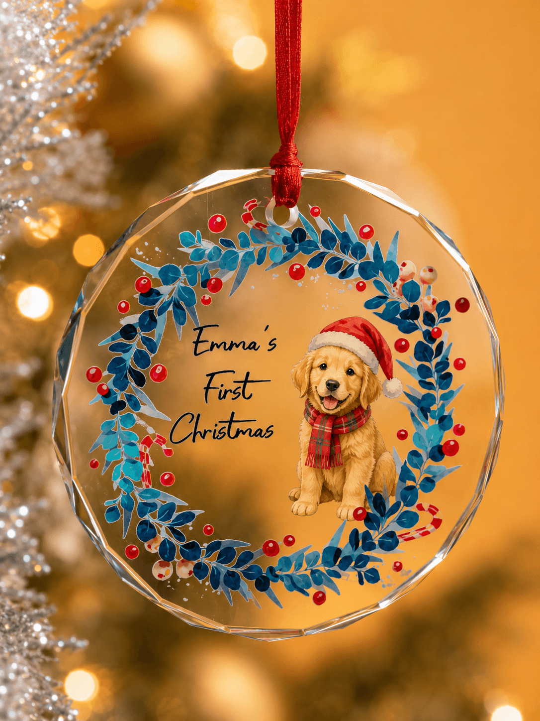 Personalized Pet First Christmas Ornament – Custom Dog Cat Glass Ornament with Name Gift