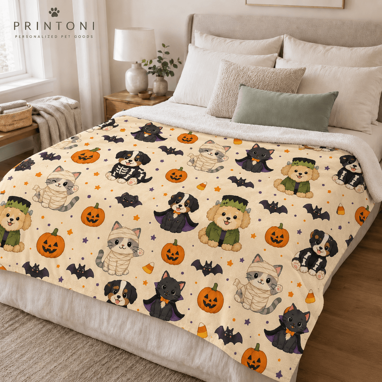 Custom Halloween Pet Blanket from Photo, Personalized Dog Cat Face & Name Throw, Spooky Pet Costume Blanket, Pet Lover Gift