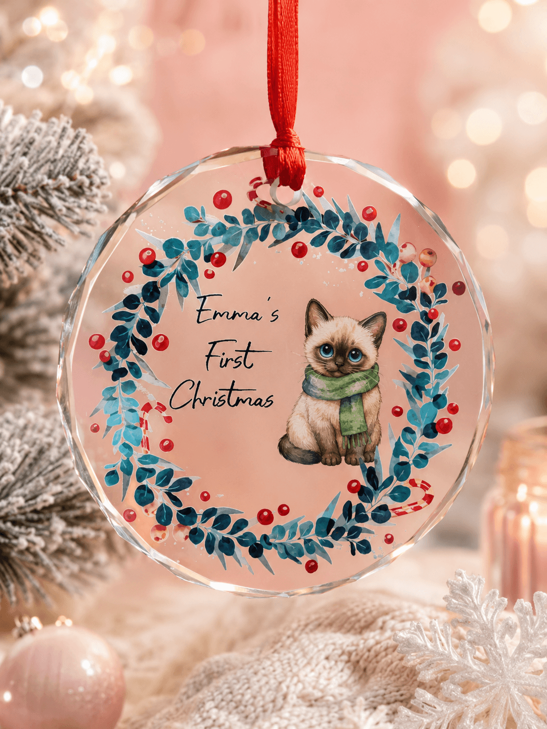 Personalized Pet First Christmas Ornament – Custom Dog Cat Glass Ornament with Name Gift