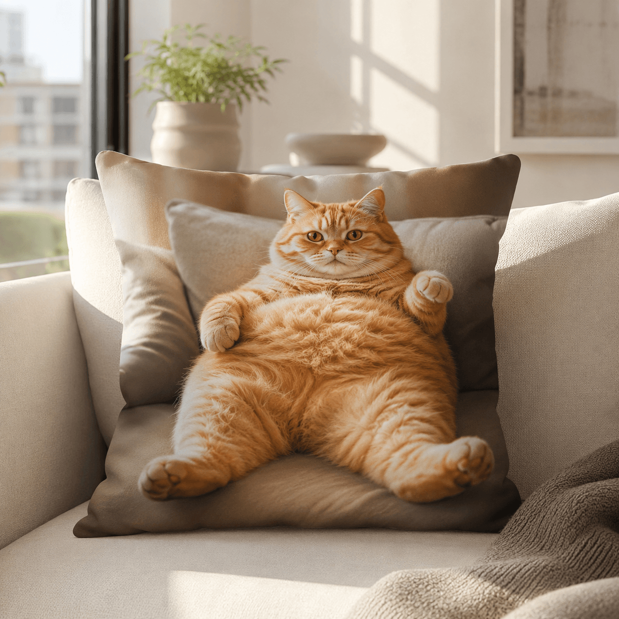 Funny Cat Pillow Cover – Lazy Chonky Cat Throw Cushion Case for Sofa, Cat Lover Gift Decor