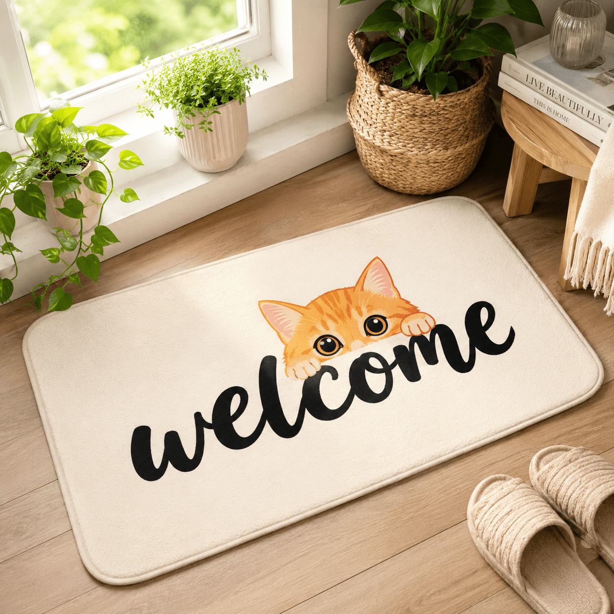 Black Cat Welcome Doormat – Cute Minimalist Cat Door Mat, Modern Cat Lover Gift Decor