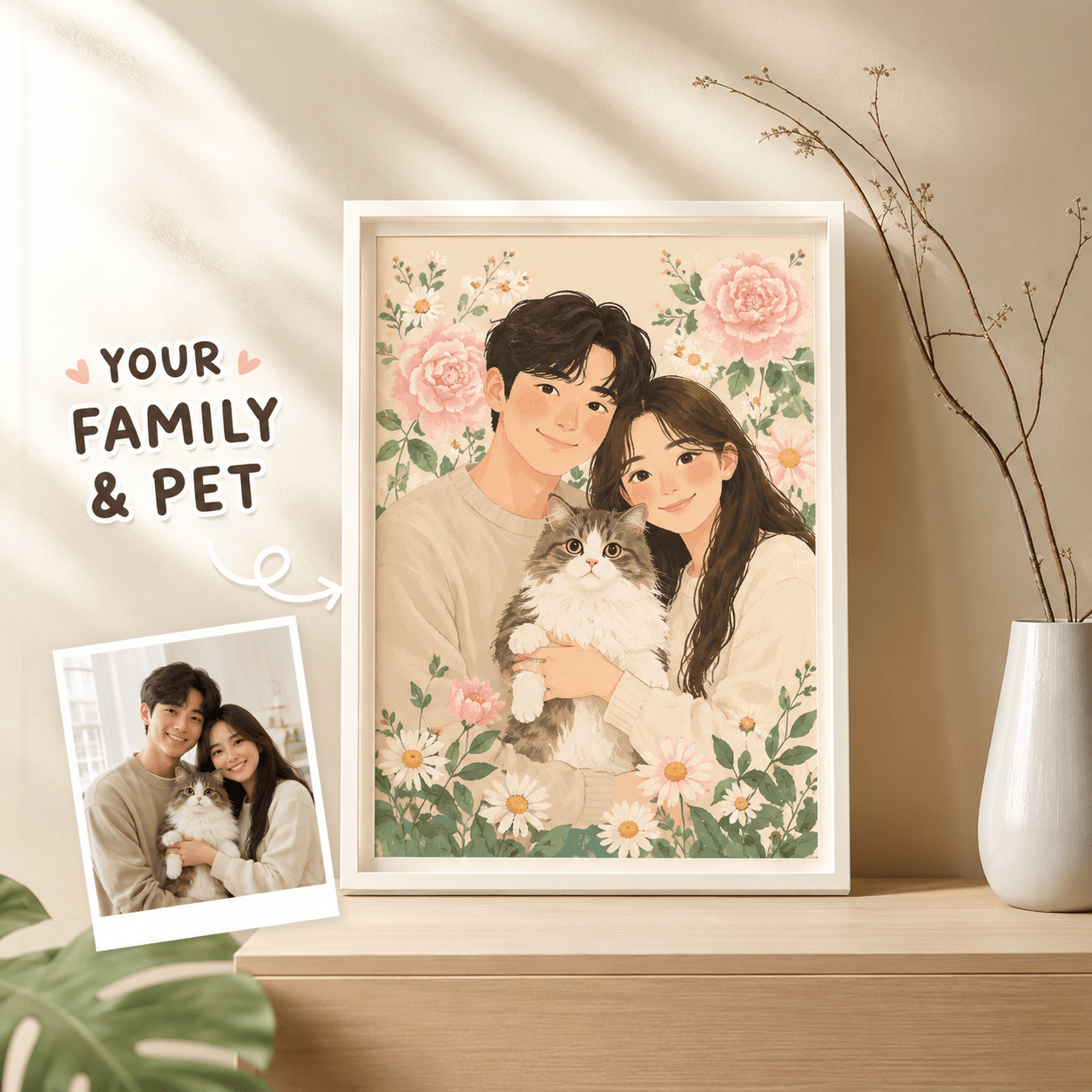 Custom Family & Pet Portrait from Photo – Personalized Watercolor Floral Illustration Gift