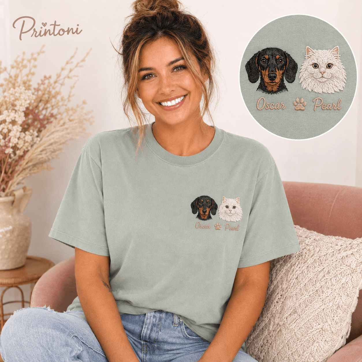 Custom Embroidered Pet Portrait Shirt from Photo, Personalized Dog Cat Face Tee with Name, Dog Mom Gift, Comfort Colors