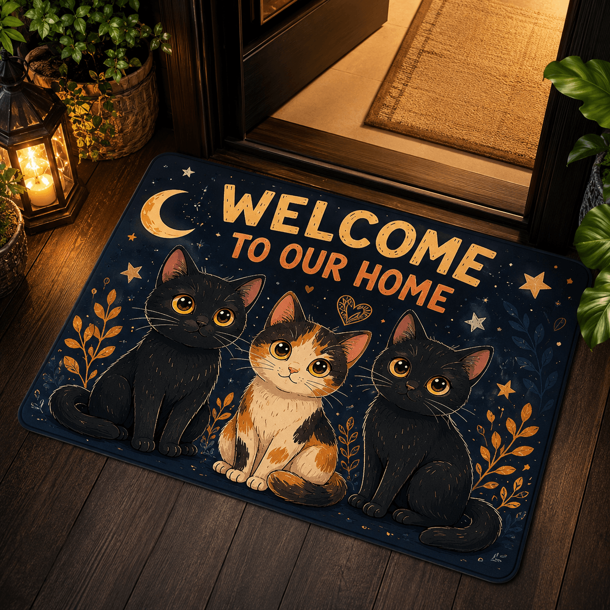 Celestial Black Cat Welcome Doormat – Moon & Stars Cat Door Mat