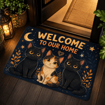 Celestial Black Cat Welcome Doormat – Moon & Stars Cat Door Mat