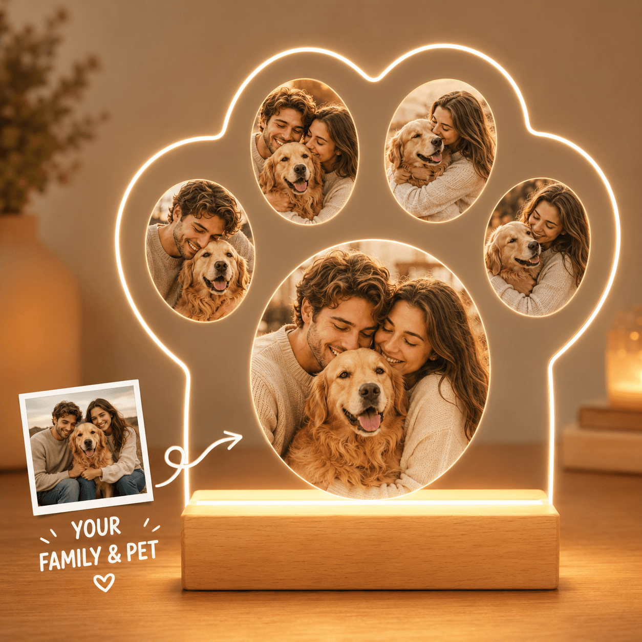 Custom Paw Photo Collage Night Light – Personalized Family & Pet Acrylic LED Lamp Gift